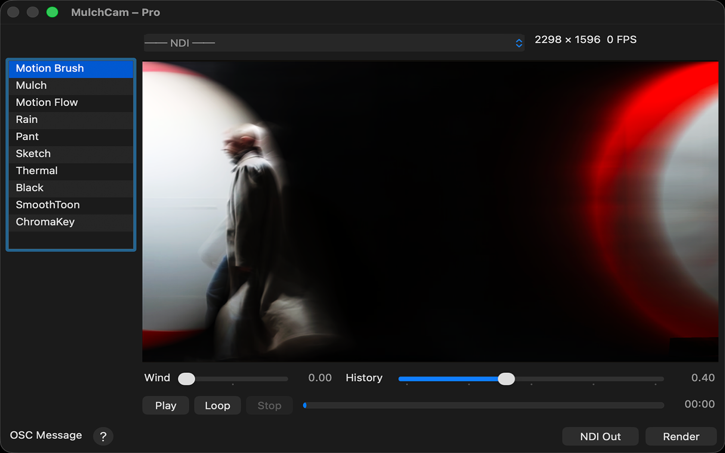 MulchCam macOS Pro window using NDI input with motion blur